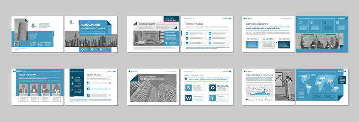 Brochure creative design. Multipurpose template with cover, back and inside pages. Trendy minimalist flat geometric design. Horizontal landscape a4 format.