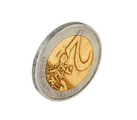 Shiny two euro coin on white background