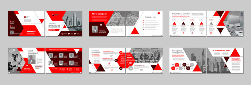 Brochure creative design. Multipurpose template with cover, back and inside pages. Trendy minimalist flat geometric design. Horizontal landscape a4 format.