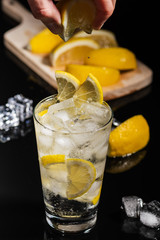 bartender hands making finish details for tasty Gin tonic mixed drink cocktail with lemon slices...