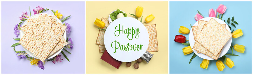 Collage of symbolic Pesach meal and card on color background, top view. Happy Passover