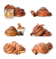 Set of sweet delicious cinnamon rolls and ingredients on white background