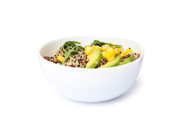 Healthy quinoa salad with vegetables in bowl isolated on white