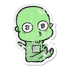 distressed sticker of a cartoon weird bald spaceman