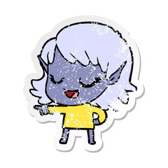 distressed sticker of a happy cartoon elf girl pointing