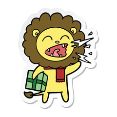 sticker of a cartoon roaring lion with present