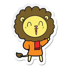 sticker of a laughing lion cartoon in winter clothes