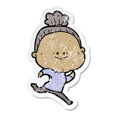 distressed sticker of a cartoon happy old woman
