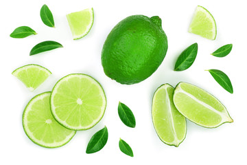 sliced lime isolated on white background. Top view. Flat lay pattern