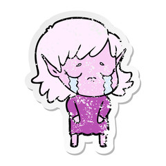 distressed sticker of a cartoon crying elf girl