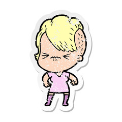 distressed sticker of a cartoon annoyed hipster girl