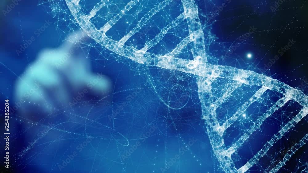 Poster scientist typing on abstract digital 3d rotating dna molecule hologram screen.