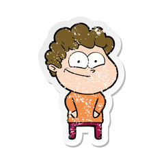 distressed sticker of a cartoon happy man