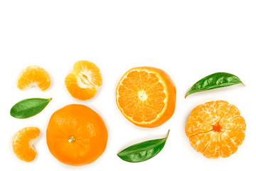 tangerine or mandarin with leaves isolated on white background with copy space for your text. Top view. Flat lay