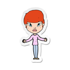 sticker of a cartoon woman shrugging shoulders