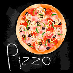 Fresh pizza. Isolated black background. EPS10 vector illustration.