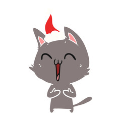 happy flat color illustration of a cat wearing santa hat