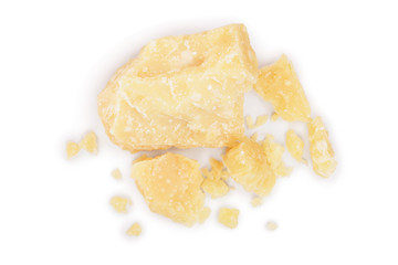 Parmesan cheese pieces isolated on white background. Closeup. Top view. Flat lay