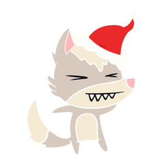 angry wolf flat color illustration of a wearing santa hat