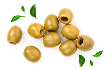 Green olives isolated on a white background. Top view. Flat lay