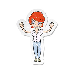 retro distressed sticker of a cartoon pretty woman with hands in air