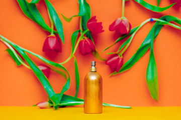 Perfume bottle and tulips
