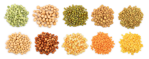 mix legumes isolated on white background. Top view. Flat lay