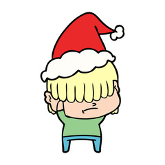 line drawing of a boy with untidy hair wearing santa hat