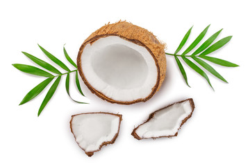 coconut with leaves isolated on white background. Top view. Flat lay