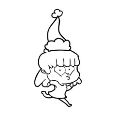 line drawing of a whistling girl wearing santa hat