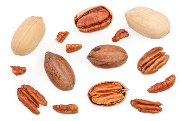 pecan nut isolated on white background. Top view. Flat lay