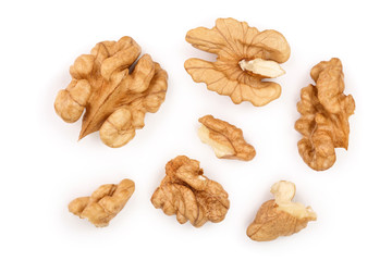 peelled Walnuts isolated on white background. Top view. Flat lay
