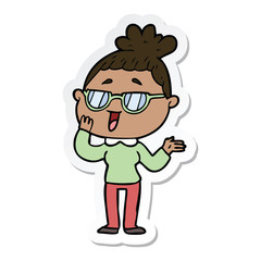 sticker of a cartoon happy woman wearing spectacles