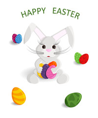 Vector Illustration of Cute Greeting Card of Happy Easter. Drawing with Bunny Sitting and Holds with Painted Eggs in Hands. Template with Easter Bunny for Postcard, Banner, Poster, Flyer and etc
