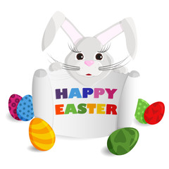 Vector Illustration of Cute Greeting Card of Happy Easter. Drawing with Bunny Holds a Banner with Congratulations in Hands. Template with Easter Bunny for Postcard, Banner, Poster, Flyer and etc