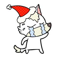 comic book style illustration of a crying wolf wearing santa hat