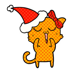 comic book style illustration of a cat wearing santa hat