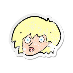 retro distressed sticker of a cartoon surprised female face