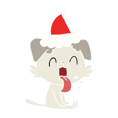 flat color illustration of a panting dog wearing santa hat