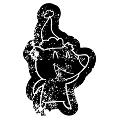 laughing bear cartoon distressed icon of a wearing santa hat