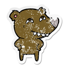 distressed sticker of a cartoon bear showing teeth