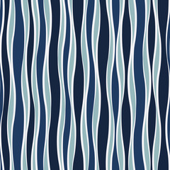 Seamless vector abstract pattern with waves of lines in monochrome blue colors. Endless geometric background