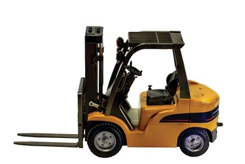 Close up view of forklift toy radiocontroled car isolated. Hobby backgrounds. 