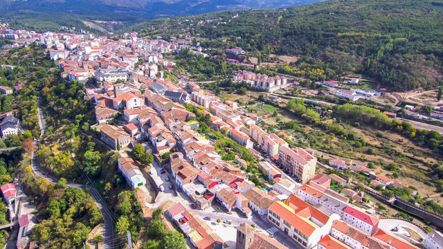Salamanca. Aerial view in village of Bejar. Spain. Drone Photo