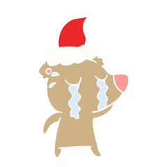 flat color illustration of a crying bear wearing santa hat