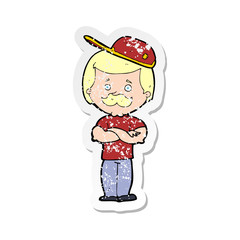 retro distressed sticker of a cartoon manly man