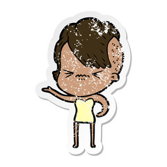 distressed sticker of a cartoon annoyed hipster girl