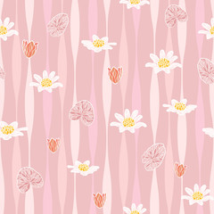 Seamless vector floral pattern with abstract tropical flowers in pastel pink and white colors on wave background. Endless floral print