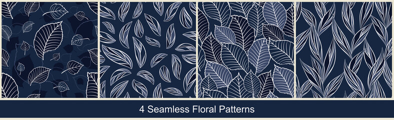 Seamless vector floral patterns with abstract leaves in monochrome white colors on dark background. Set of endless floral prints