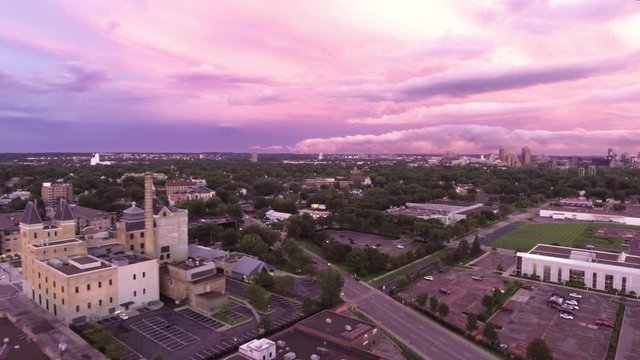 Areral of Grain Belt Brewery at golden hour